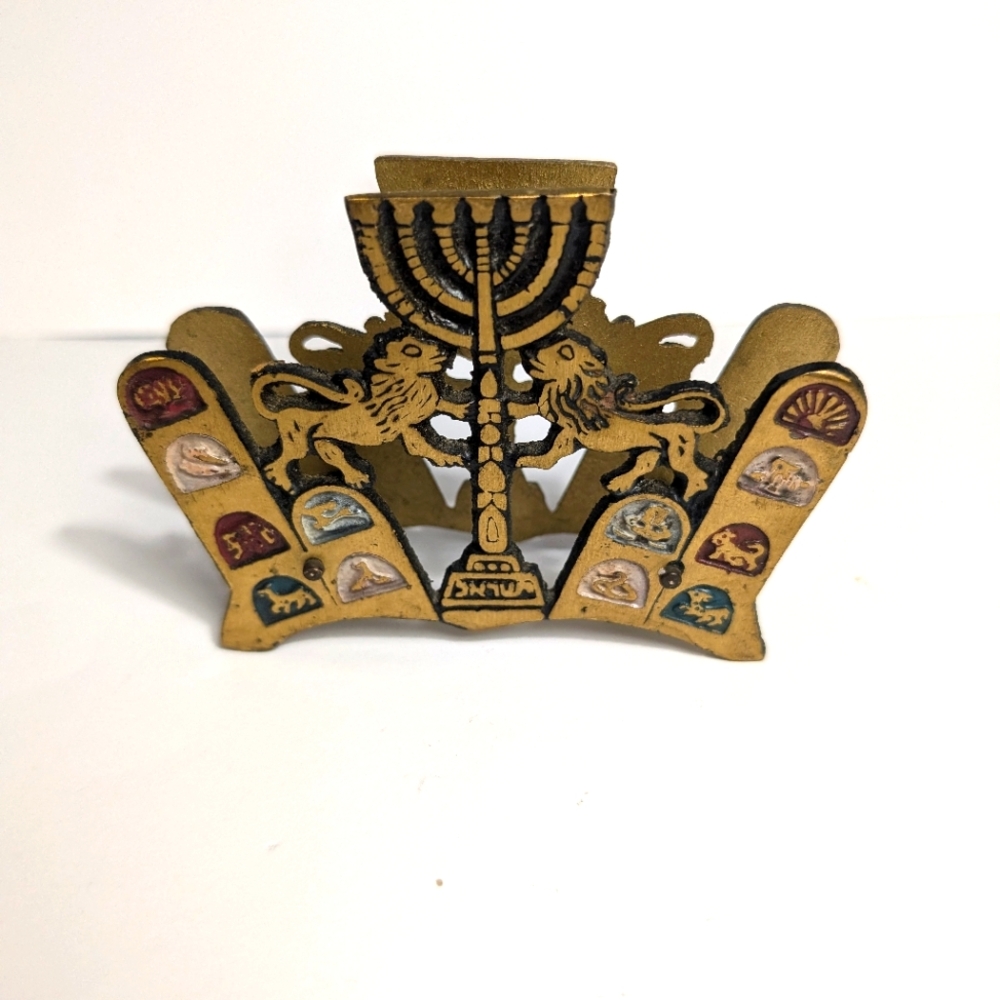 Vintage Israel Brass & Enamel Napkin / Letter Holder